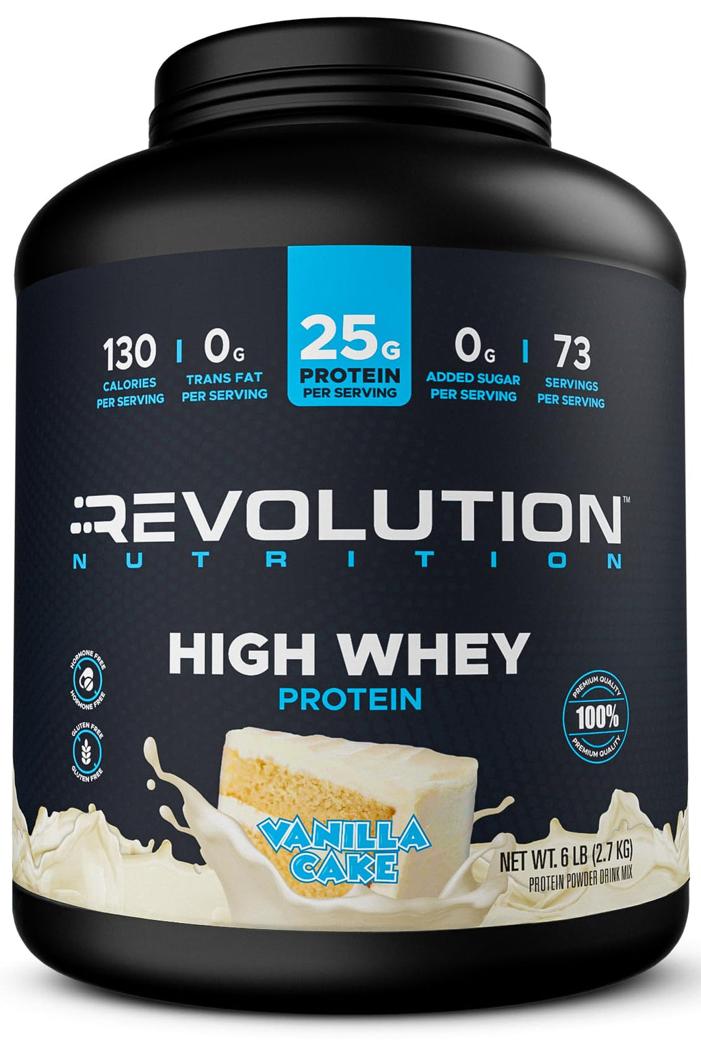 Revolution Nutrition, High Whey, Protein Powder 6LB, Whey Isolate, Gluten Free, Lean Muscle Mass for Men & Women, 25g of Protein Per Scoop, 2.7kg, 73 Servings (Chocolate Cake, 6 Pound)